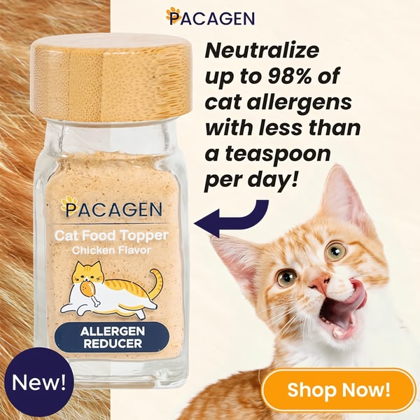A square ad creative featuring a product shot of a cat food topper next to a close-up of a cat, highlighting a specific 98% efficacy statistic.